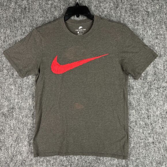 Nike‎ Shirt Mens Medium Swoosh Short-Sleeve Gray Athletic Fit Distressed Faded - Picture 1 of 9